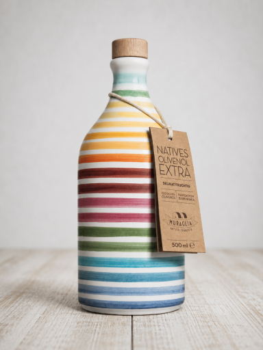Muraglia Olivenöl Coratina Regenbogen 500 ml | Frantoio Muraglia Olivenöl in Regenbogen Keramikflasche | Muraglia Coratina Olivenöl aus Apulien | Italienisches Olivenöl in handgefertigter Keramikflasche | Muraglia Regenbogen Olivenöl online kaufen